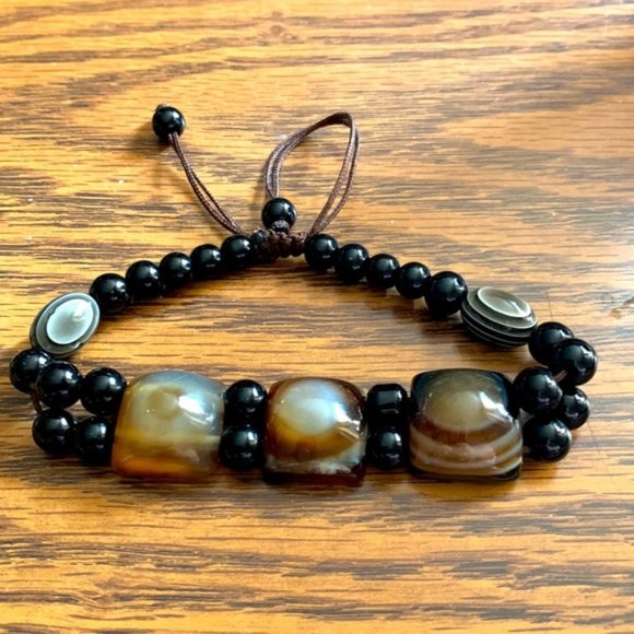 Glass Bead Agate Stone Sliding Knot Clasp Bracelet - Picture 1 of 5